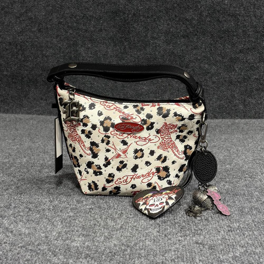 Ed Hardy Shoulder Bag Womens Small White Leopard Tattoo Skull Rhinestone Charm